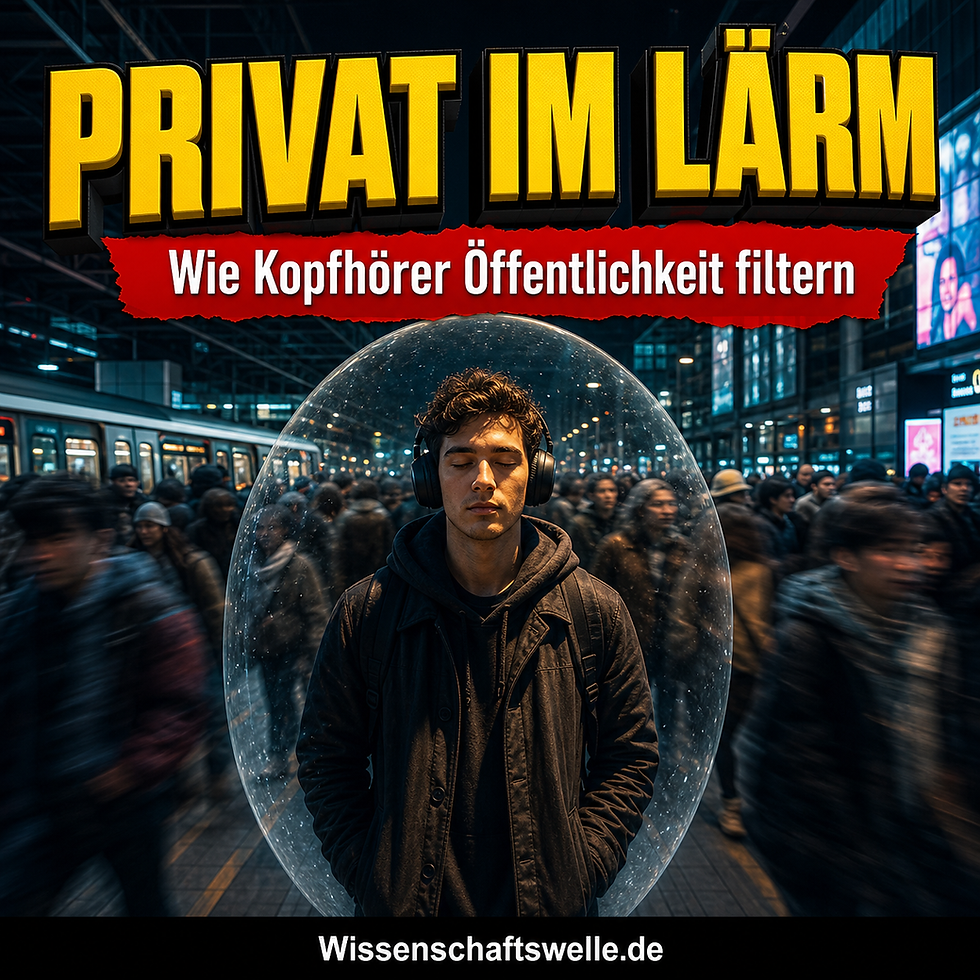Quadratisches Cover mit einem jungen Mann auf einem überfüllten Bahnsteig, umgeben von einer transparenten Schallblase, darüber die gelbe Headline „PRIVAT IM LÄRM“ und ein rotes Banner mit „Wie Kopfhörer Öffentlichkeit filtern“.
