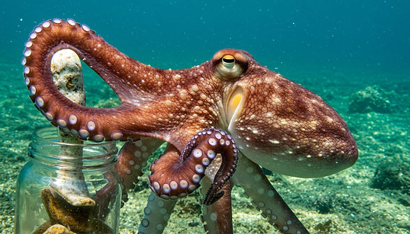Ein intelligenter Oktopus in klarem Wasser, der einen Gegenstand mit seinen Armen erforscht und manipuliert.