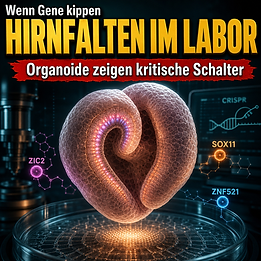 Wissenschaftswelle-Cover mit einem leuchtenden organoidartigen Vorderhirn-Gewebe über einer Kulturschale und farblich markierten Genknoten für ZIC2, SOX11 und ZNF521.