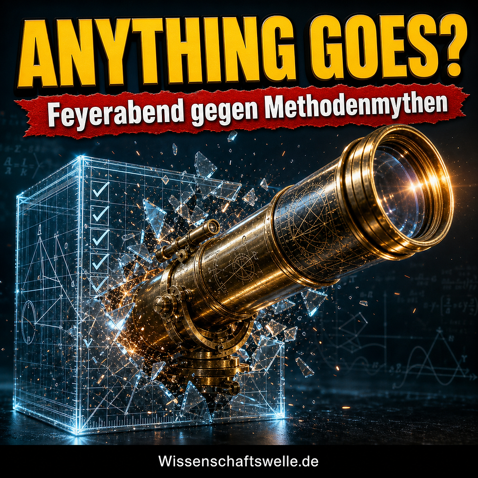 Ein goldenes Teleskop durchbricht einen transparenten Würfel aus Messgittern und Checklisten; darüber stehen „ANYTHING GOES?“ und „Feyerabend gegen Methodenmythen“.