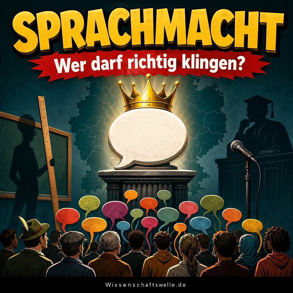 Editorial-Illustration: Eine leuchtende weisse Sprechblase mit goldener Krone steht auf einem Podest vor einer stilisierten Deutschlandkarte. Darunter blickt eine diverse Menge mit bunten Sprechblasen nach oben; links stehen Schultafel und Lineal, rechts Mikrofon und Rednerpult. Oben stehen die Texte "SPRACHMACHT" und "Wer darf richtig klingen?".