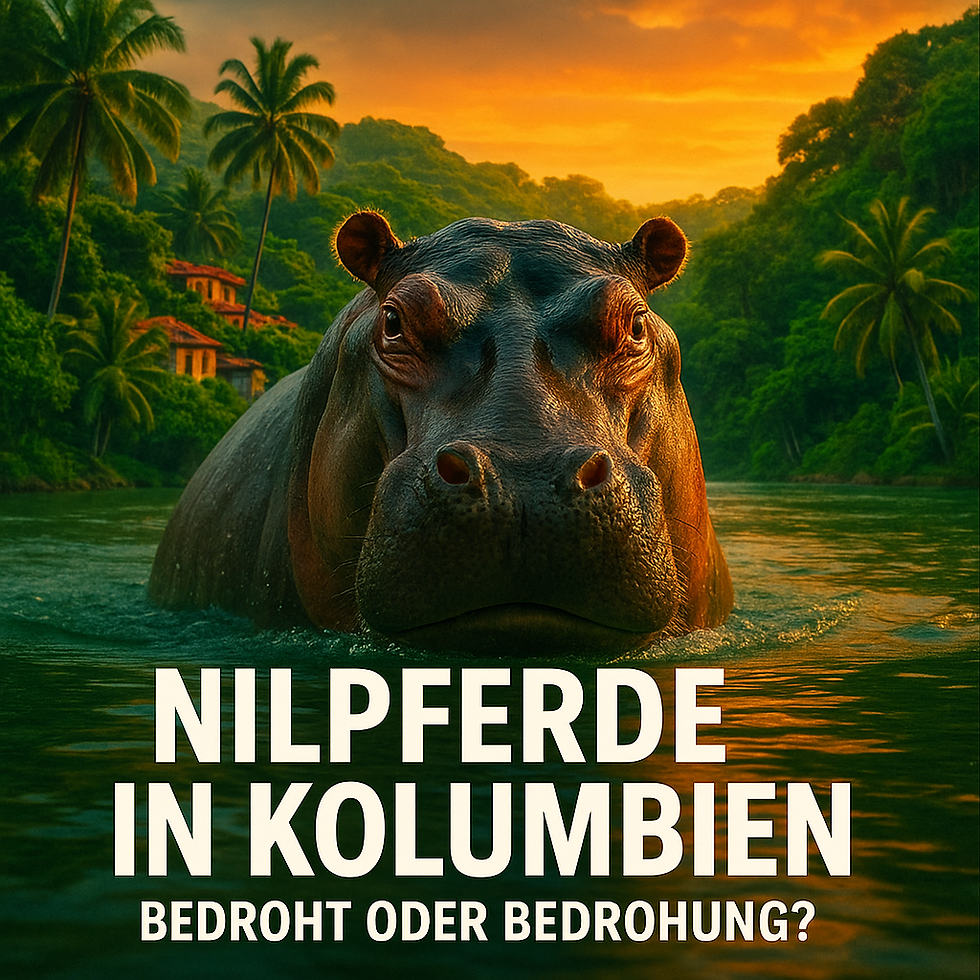 Ein Nilpferd schaut frontal aus einem Fluss in Kolumbien. Im Hintergrund sind Palmen, üppige grüne Hügel und einige Häuser in einem warmen, goldenen Sonnenuntergang zu sehen. Der weiße Text im Vordergrund lautet: "NILPFERDE IN KOLUMBIEN - BEDROHT ODER BEDROHUNG?".