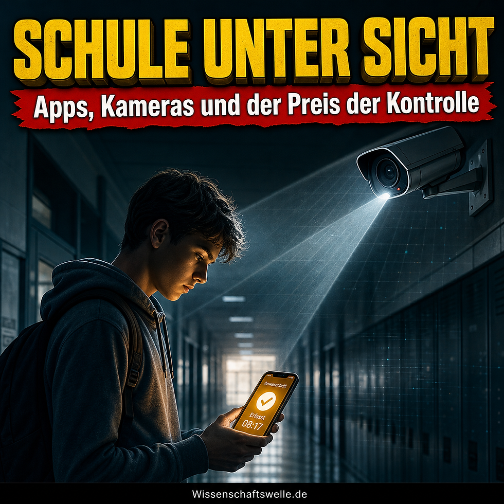 Ein Schüler steht in einem dunklen Schulflur und blickt auf eine leuchtende Anwesenheits-App, während eine Überwachungskamera ihn von oben anstrahlt.