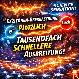 Quadratisches Facebook-Titelbild mit futurischem Quantenmotiv: Leuchtendes blaues Elektron (e⁻) und rotes „Loch“ sind durch energiegeladene Lichtbahnen verbunden, eingebettet in ein kristallines Gitter. Dynamische Blitze und Partikel symbolisieren extrem schnelle Bewegung. Großer, kontrastreicher Text: „SCIENCE SENSATION! Exzitonen-Überraschung: Plötzlich tausendfach schnellere Ausbreitung!“.