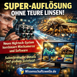 Facebook-Titelbild im quadratischen Format: Ein Forscher hält ein Modul aus mehreren Mini-Kameras, daneben eine extrem detaillierte Insektenaufnahme mit digitalen Licht- und Daten-Effekten. Große Schlagzeile „Super-Auflösung ohne teure Linsen!“ sowie Hinweis auf ein neues Hightech-System aus Minikameras und Software. Unten der Schriftzug „Wissenschaftswelle.de“.