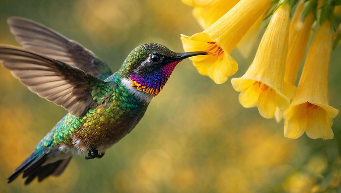 Ein fotorealistisches Nahaufnahmebild eines schwebenden Kolibris mit schillernd grünem Körper und leuchtend violett-pinker Kehle, der mit ausgebreiteten Flügeln Nektar aus gelben, trompetenförmigen Blüten trinkt. Der Hintergrund ist weich verschwommen in warmen Gelb- und Grüntönen und vermittelt eine sonnige Gartenatmosphäre.