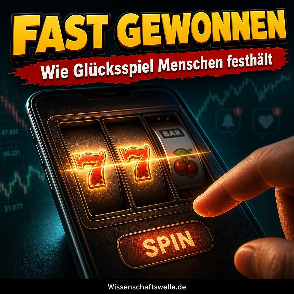 Ein Smartphone als Spielautomat mit zwei leuchtenden Siebenern, einem knapp vorbeigerutschten dritten Symbol und einem Finger über dem Spin-Knopf.