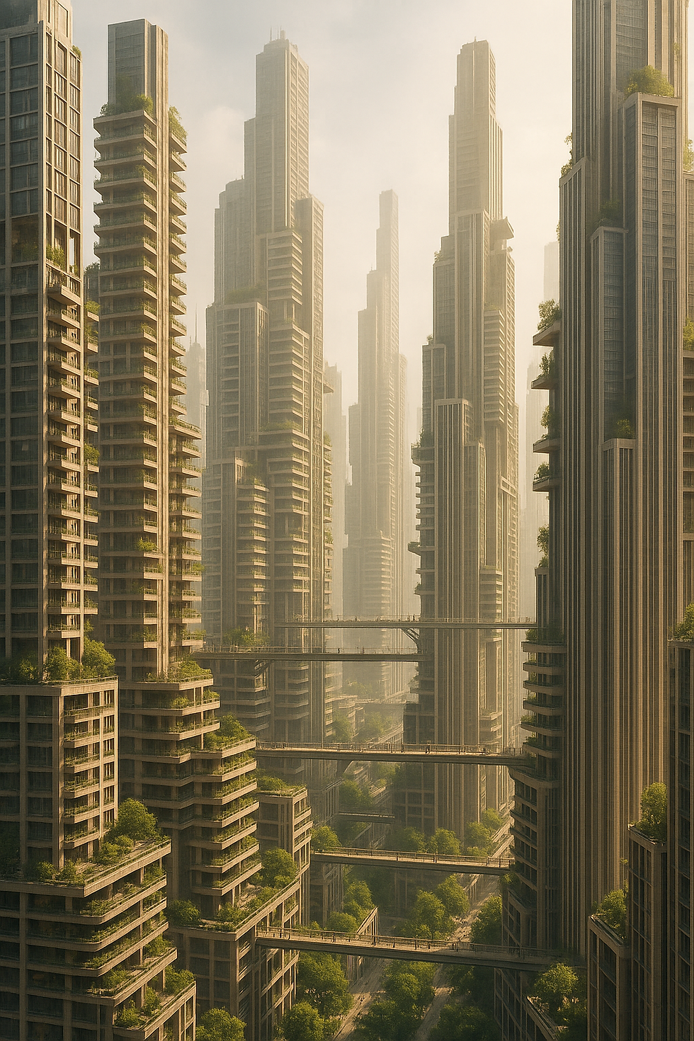 Eine futuristische Megastadt mit dutzenden extrem hohen Wolkenkratzern, die sich wie eine steinerne Schlucht erheben. Zwischen den Gebäuden verlaufen mehrere schmale Skybridges, die wie schwebende Straßen wirken. Üppige, grüne Pflanzen wachsen auf vielen Balkonen und Terrassen, sodass sich Natur und Architektur verweben. Durch den leichten Dunst und das warme Licht der Sonne wirkt die Szene lebendig und dennoch ruhig, fast wie eine Vision einer nachhaltigen Zukunft.