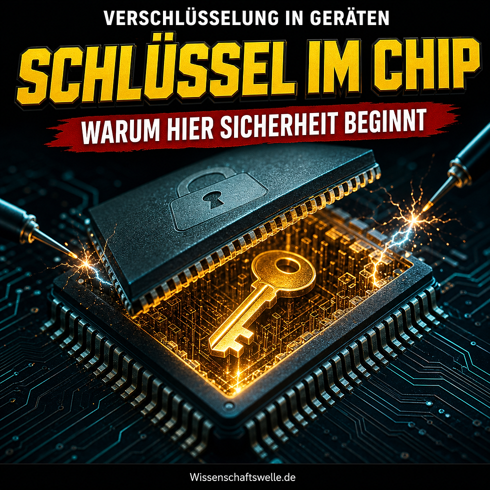 Geöffneter Sicherheitschip mit leuchtendem Schlüssel im Inneren, flankiert von zwei Prüfspitzen; darüber der Titeltext „Schlüssel im Chip“.