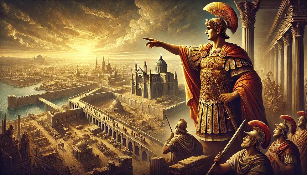 Ein majestätisches Bild von Konstantin dem Großen, der die Gründung von Konstantinopel beaufsichtigt. Der römische Kaiser steht in prächtiger Kleidung und weist auf den Bau grandioser Gebäude und Befestigungen hin. Das Panorama zeigt die frühe Konstruktion von Konstantinopel mit Architekten, Bauarbeitern und römischen Soldaten. Die Szene vermittelt eine Atmosphäre von Ambition und Entschlossenheit, während die Skyline der Stadt im Licht einer goldenen untergehenden Sonne sichtbar wird.
