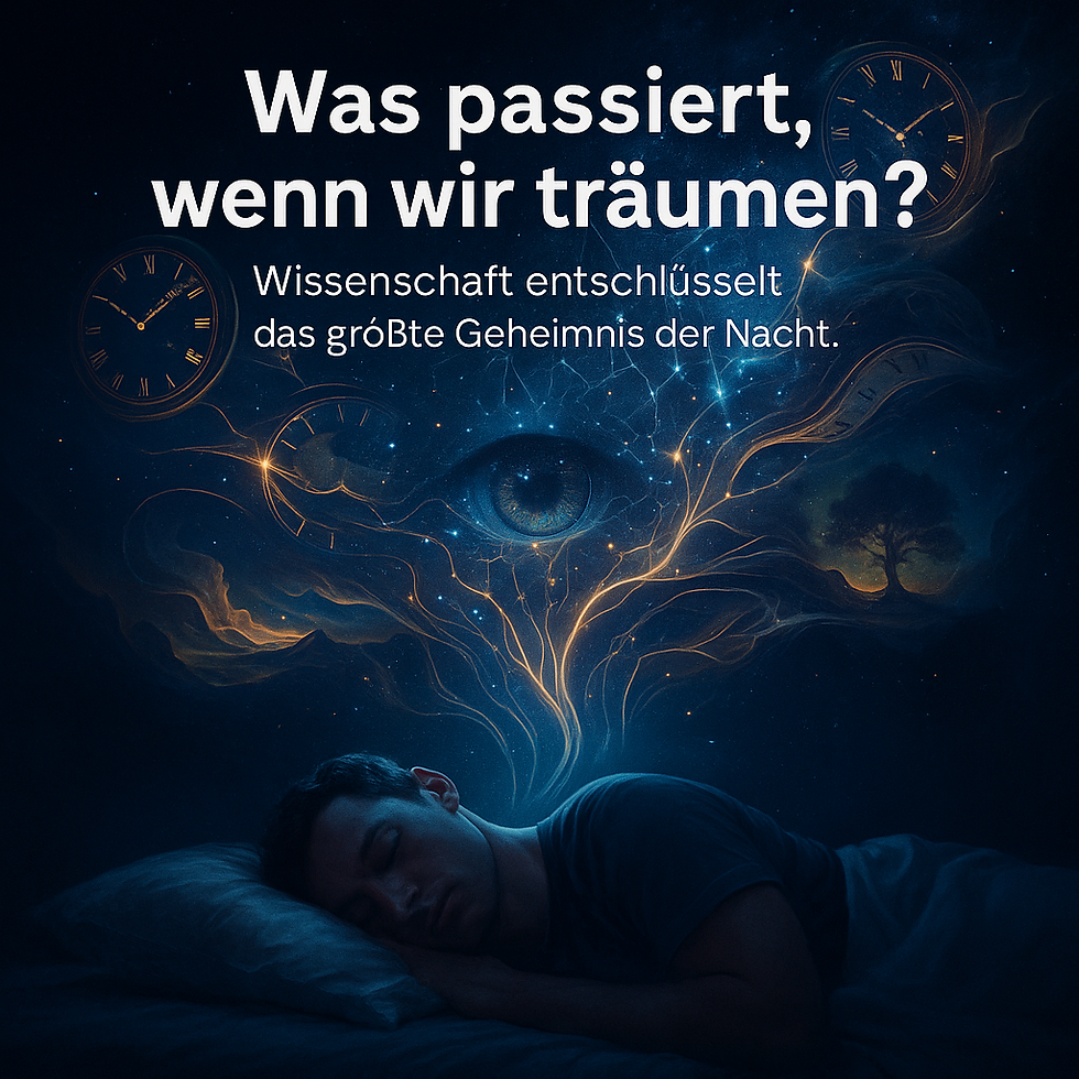 Ein schlafender Mann liegt auf dem Kissen, über ihm entfaltet sich eine nächtlich-blaue Traumlandschaft. Aus seinem Kopf steigen leuchtende, verzweigte Linien auf, die sich zu einem großen, schwebenden Auge und mehreren Uhren formen – Sinnbild für Bewusstsein, Zeit und das Mysterium des REM-Schlafs.