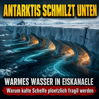 Wissenschaftswelle-Cover mit einem antarktischen Eisschelf, unter dessen Unterseite leuchtende Warmwasserkanäle entlangströmen und verborgenes Schmelzen sichtbar machen.