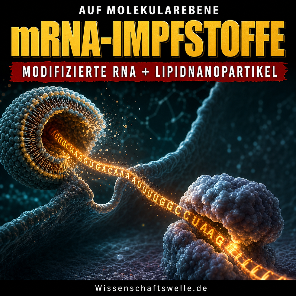Glühender mRNA-Strang tritt aus einem geöffneten Lipidnanopartikel aus und wird vor einer Zellmembran von einem Ribosom erfasst.