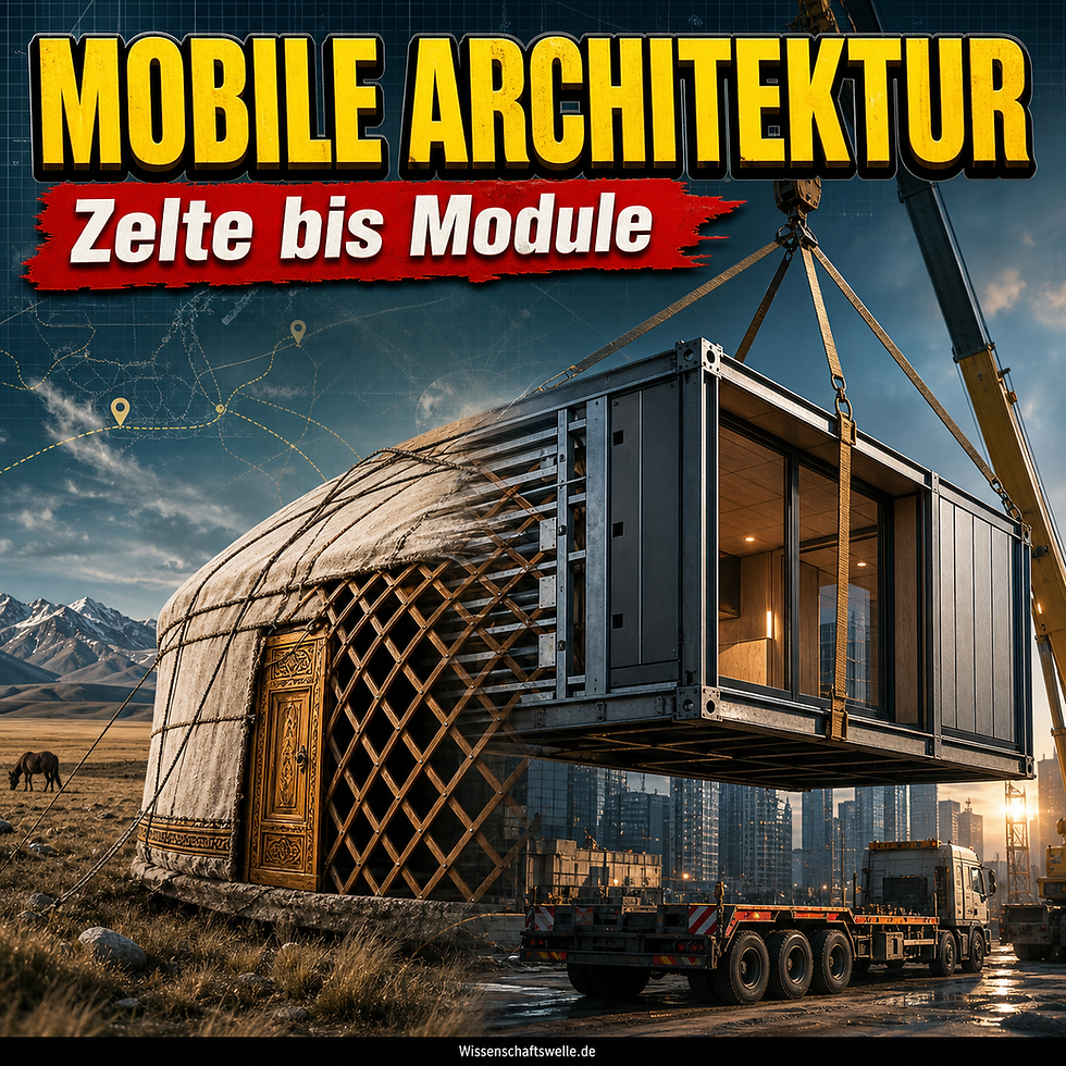 Quadratisches Cover mit gelber 3D-Überschrift „MOBILE ARCHITEKTUR“, rotem Banner „Zelte bis Module“ und einer Bildmontage aus Jurte und modernem Modulbau an einem Kran.