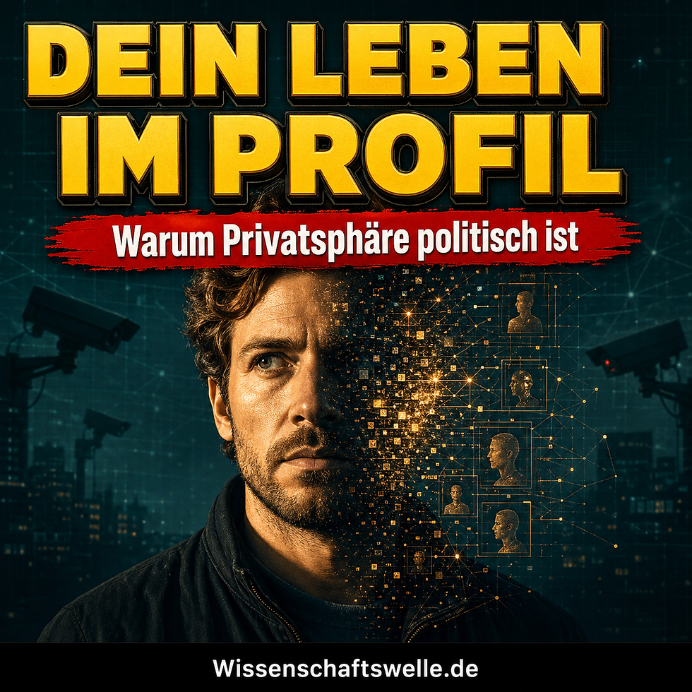 Quadratisches Cover mit dem gelben Titel „Dein Leben im Profil“, rotem Banner „Warum Privatsphäre politisch ist“ und einem realistischen Männerporträt, dessen Gesicht zur Hälfte in digitale Profil- und Überwachungsstrukturen übergeht.