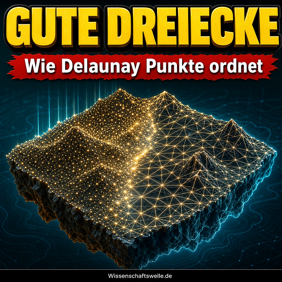 Ein schwebender Geländeblock verwandelt sich von einer Punktwolke in ein leuchtendes Dreiecksnetz, darüber die Schlagzeile Gute Dreiecke und der Untertitel Wie Delaunay Punkte ordnet.