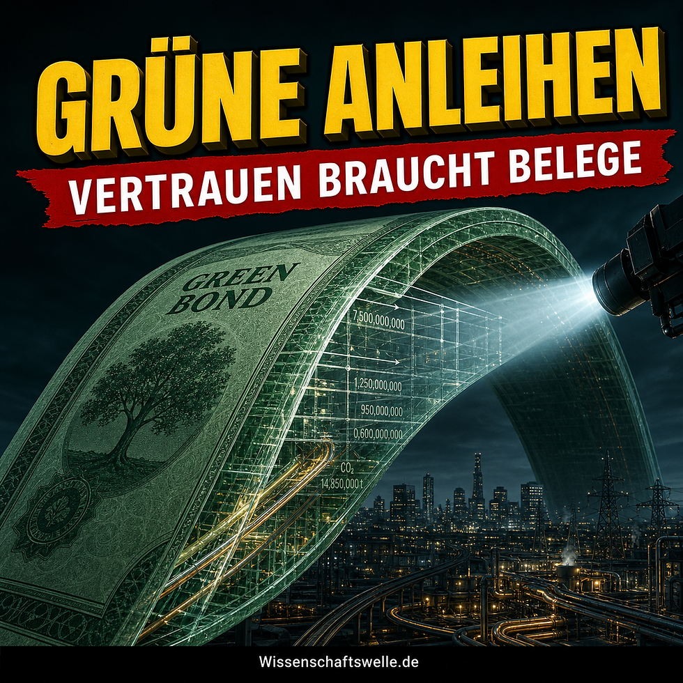 Ein bogenförmig aufgespanntes grünes Bond-Zertifikat leuchtet über einer dunklen Energie- und Stadtinfrastruktur, während ein heller Prüfstrahl seine inneren Leitungen und Kennzahlen sichtbar macht.