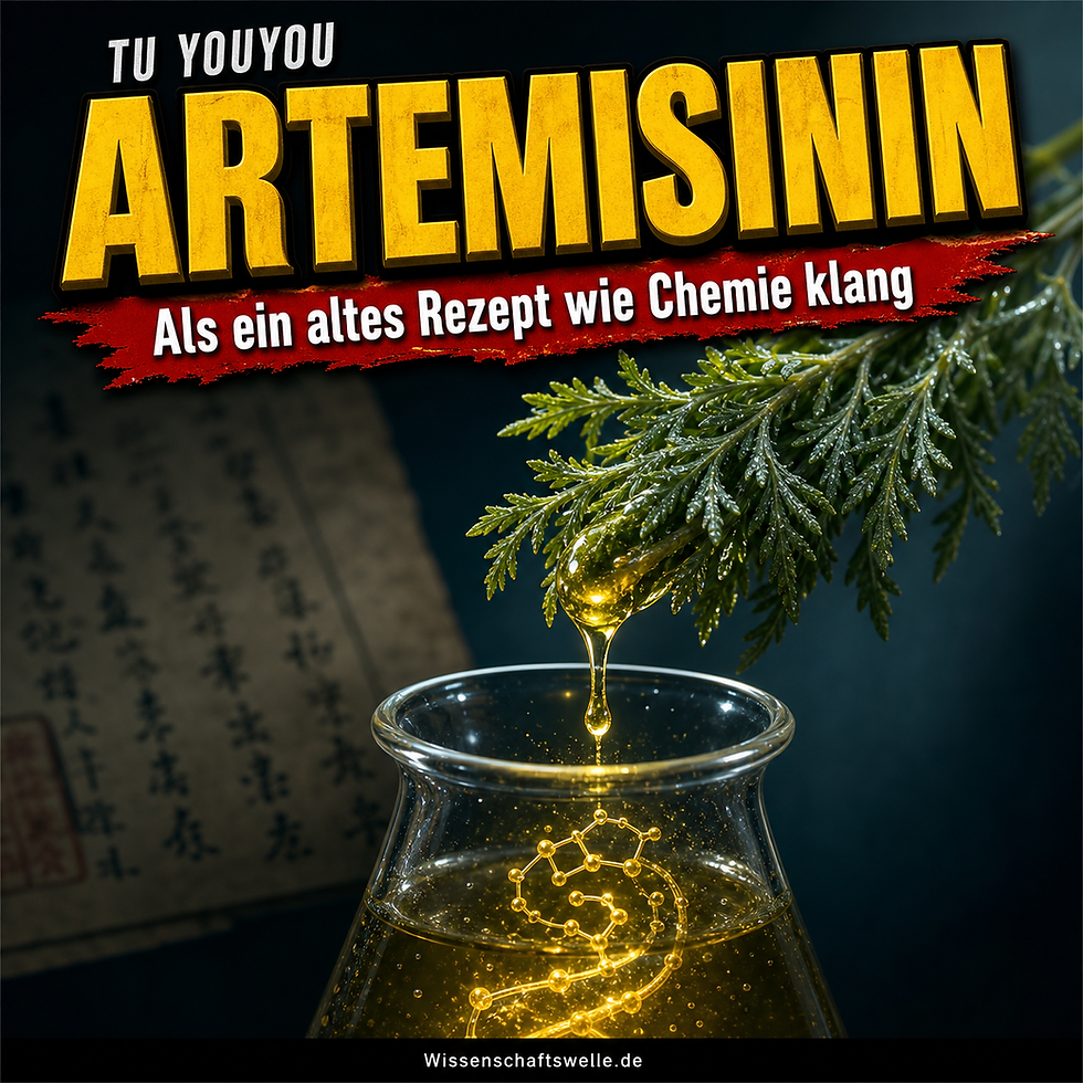 Ein Qinghao-Zweig tropft goldenes Extrakt in ein Laborgefäß, in dem eine leuchtende Struktur aufscheint; darüber steht groß Artemisinin.