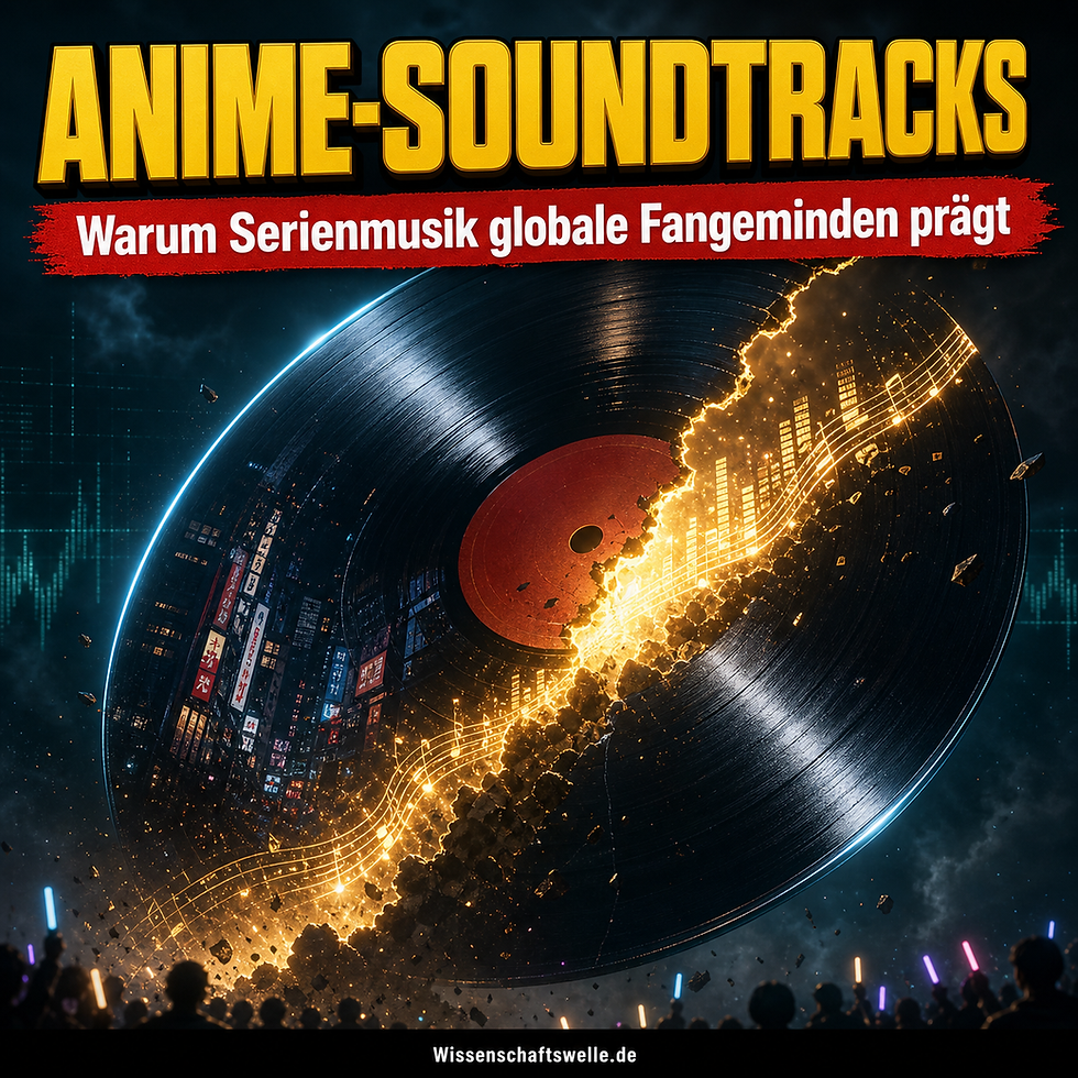 Ein riesiger schwarzer Vinylkörper reißt diagonal auf; aus dem leuchtenden Riss brechen goldene Notenlinien und Stadtlichter hervor, darüber steht Anime-Soundtracks.