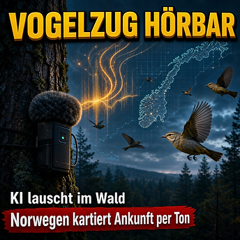 Wissenschaftswelle-Cover mit einem Waldmikrofon am Baum, leuchtenden Schallwellen, fliegenden Zugvögeln und einer Datenkarte Norwegens im Hintergrund.