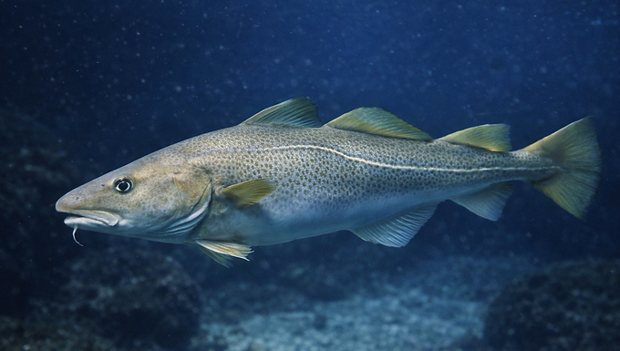 Fotorealistisches Unterwasserbild eines Kabeljaus mit kräftigem, langgestrecktem Körper und grau-grünlicher Färbung. Die Haut zeigt feine helle Sprenkel und eine deutlich erkennbare helle Seitenlinie. Der Fisch ist aus seitlicher Perspektive dargestellt und schwimmt ruhig durch dunkles, tiefblaues Meerwasser. Typisch sind die drei getrennten Rückenflossen, die zwei Afterflossen sowie die kleine Bartel am Unterkiefer. Der Hintergrund ist weich unscharf und vermittelt die kühle, ruhige Atmosphäre eines küstennahen Meeresgebiets.