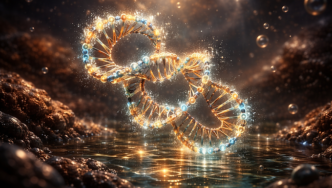 Eine fotorealistische, wissenschaftlich inspirierte Darstellung einer mikroskopischen Ur-Umgebung. Im Zentrum schwebt ein leuchtender, einsträngiger RNA-Faden, der sich elegant in eine komplexe, knotenartige 3D-Struktur (ein Ribozym) faltet. Das Molekül ist von einem sanften, biolumineszenten Glimmen umgeben, das die atomaren Details des Phosphat-Zuckerrückgrats und der organischen Basen hervorhebt. Im Hintergrund sieht man eine vage, verschwommene Umgebung aus warmen, mineralreichen Thermalquellen-Wasser mit aufsteigenden Gasblasen und winzigen kristallinen Strukturen. Die Lichtstimmung ist mystisch und tiefgründig, mit Reflexionen, die an die Morgendämmerung der Erde erinnern. Das Bild verzichtet komplett auf Schrift und Symbole und fokussiert sich rein auf die ästhetische Komplexität des organischen Moleküls in seinem flüssigen Habitat.