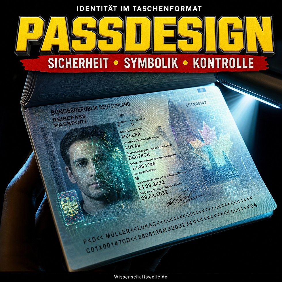 Ein geöffneter Reisepass wird unter kaltem Scanlicht geprüft; auf der Datenseite überlagern sich Porträt, biometrisches Raster und holografische Sicherheitsmuster.