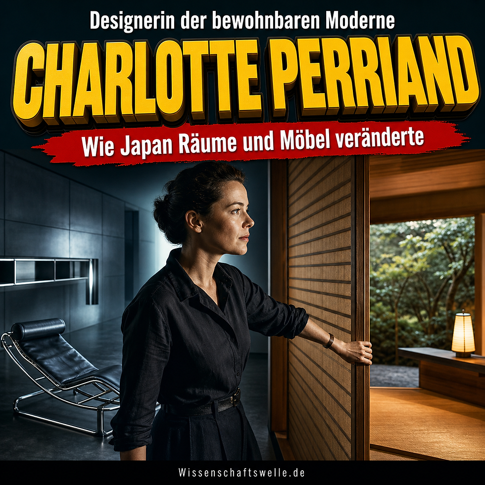 Charlotte Perriand öffnet in einem dramatisch ausgeleuchteten Raum einen japanischen Schiebeschirm; links steht eine Stahlrohrliege, rechts ein warmes Holzinterieur.