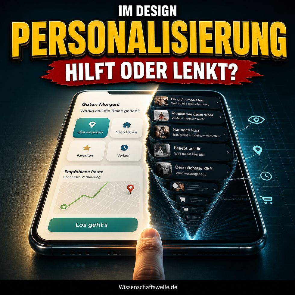 Ein Smartphone zeigt links eine helle, hilfreiche Benutzeroberfläche mit klaren Schaltflächen und Route, während rechts ein dunkler, trichterförmiger Feed aus personalisierten Empfehlungen entsteht; darüber steht Personalisierung im Design, hilft oder lenkt?