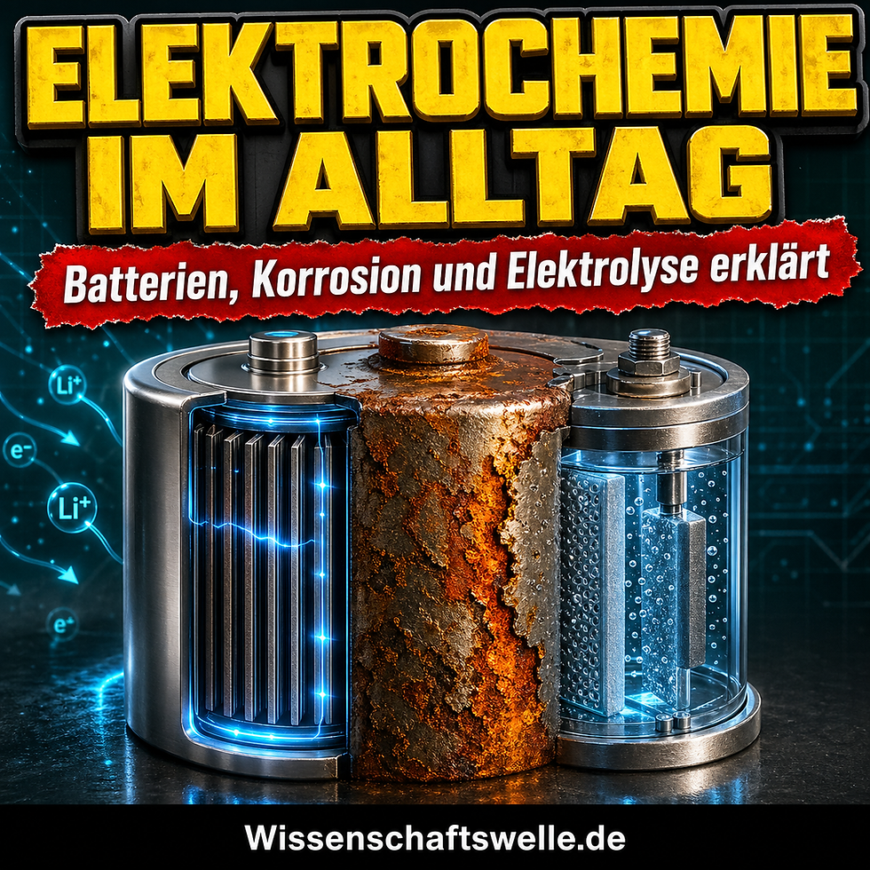 Quadratisches Cover mit großer gelber Überschrift „Elektrochemie im Alltag“, rotem Banner „Batterien, Korrosion und Elektrolyse erklärt“ und einem zentralen Metallobjekt, das links wie eine leuchtende Batterie, in der Mitte wie rostendes Metall und rechts wie eine Elektrolysezelle gestaltet ist.