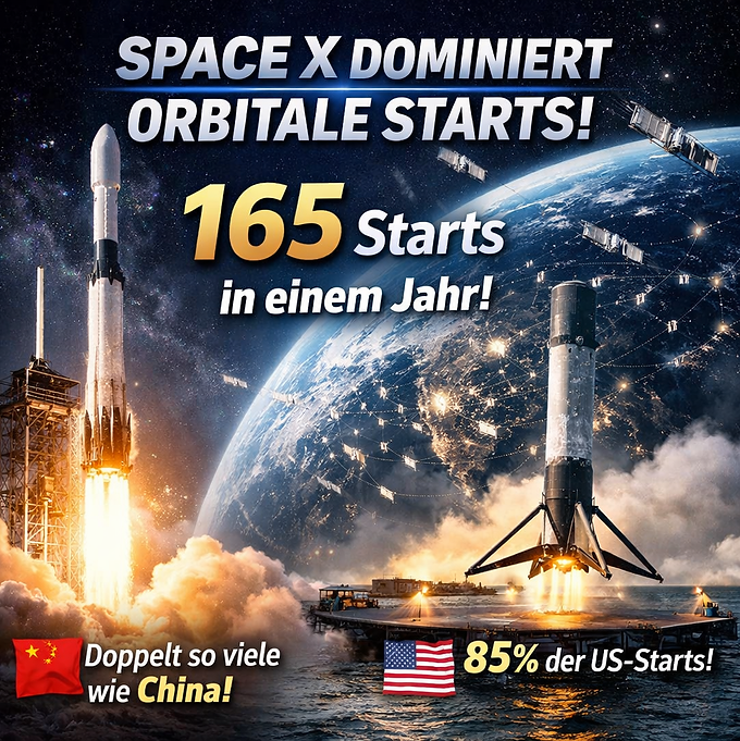 Facebook-Titelbild im Format 1:1 mit startender und landender SpaceX-Falcon-9-Rakete, Erde im Hintergrund mit zahlreichen Starlink-Satelliten im Orbit. Große Schlagzeile im Bild: „SpaceX dominiert orbitale Starts – 165 Starts in einem Jahr“. Zusatzhinweise: „85 % der US-Starts“ und „Doppelt so viele wie China“. Dramatischer, realistischer Raumfahrtstil mit starkem Kontrast und hoher visueller Dynamik.