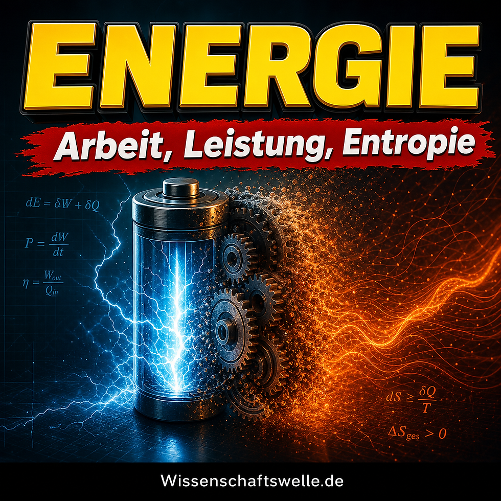 Quadratisches Wissenschaftswelle-Cover mit leuchtender Batterie und glühenden Energiebahnen vor dunklem technischen Hintergrund, gelber Headline zur Energie und rotem Banner zur Entropie.