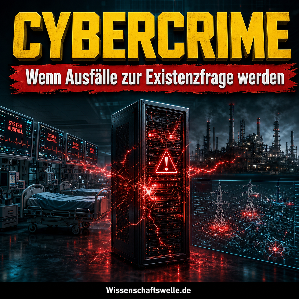 Warnend rot beleuchteter Server zwischen Krankenhausmonitoren, Industrieanlage und Stromnetz-Grafik als Symbol für existenzbedrohlichen Cyberangriff.
