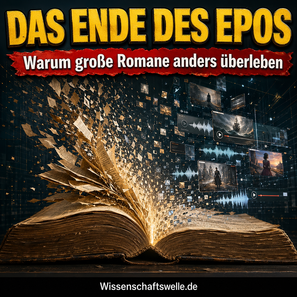 Ein aufgeschlagenes altes Buch, dessen Seiten in leuchtende Fragmente, Audiowellen und digitale Bildflächen zerfallen, unter den Schlagzeilen „Das Ende des Epos“ und „Warum große Romane anders überleben“.