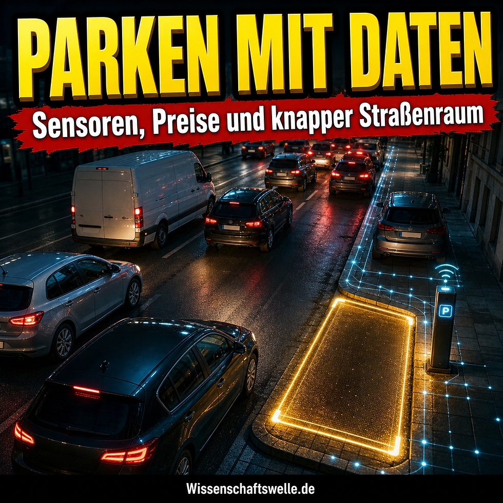 Nächtliche Stadtstraße mit dichtem Verkehr; am Bordstein leuchtet ein digital markierter freier Parkstreifen als Symbol datenbasierter Parkraumbewirtschaftung.
