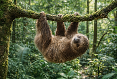 Ein Faultier mit dichtem, braun-beigem Fell hängt entspannt kopfüber an einem bemoosten Ast. Die langen, gebogenen Krallen umschließen den Ast, während der Kopf leicht zur Seite gedreht ist und der ruhige Gesichtsausdruck gut erkennbar ist. Im Hintergrund befindet sich ein üppiger, tropischer Regenwald mit dichtem Blattwerk und weichem, grünem Bokeh, das dem Bild eine natürliche Tiefe und eine fotorealistische Wirkung verleiht.