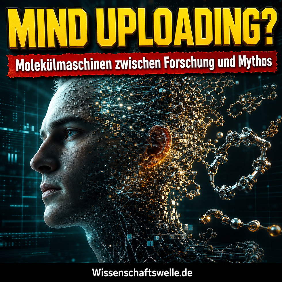 Ein hyperrealistisches futuristisches Porträt eines menschlichen Kopfes, der sich in leuchtende neuronale Netzwerke, Datenströme und molekulare Strukturen auflöst; darüber die gelbe Wissenschaftswelle-Headline zu Mind Uploading und Molekülmaschinen.