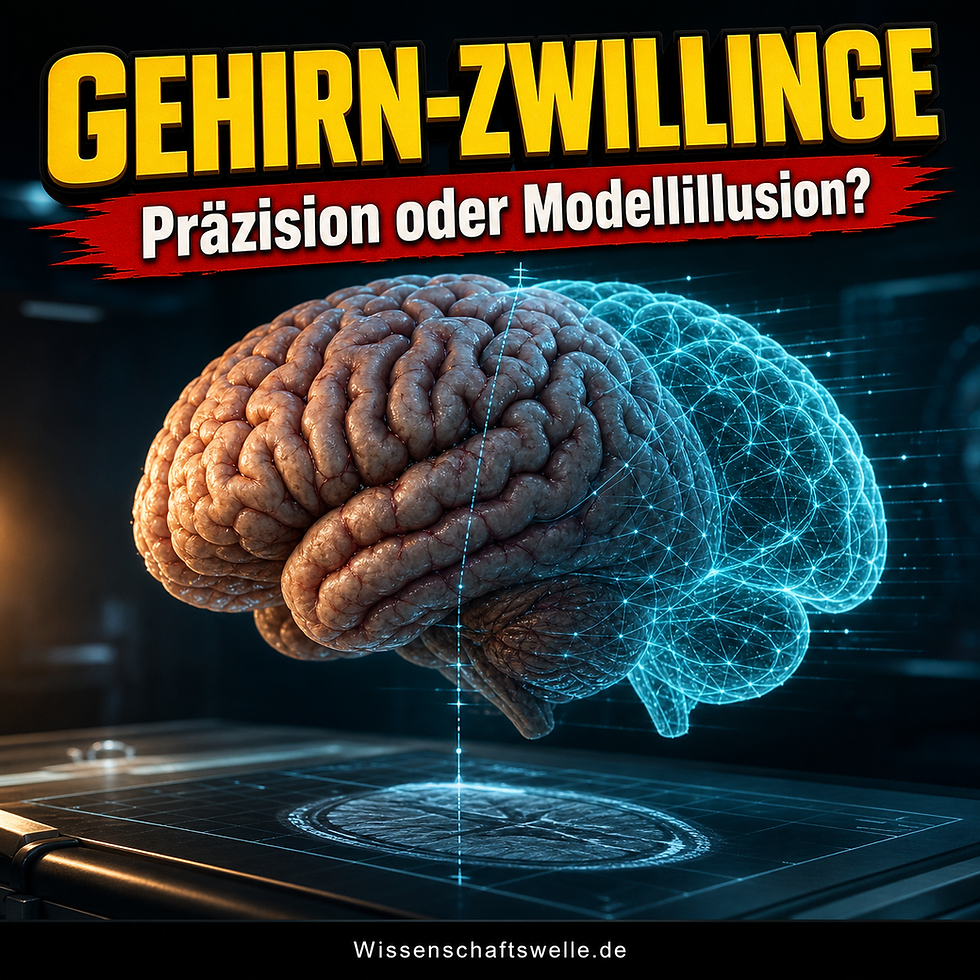Wissenschaftswelle-Cover mit der Überschrift Gehirn-Zwillinge, rotem Banner und einem fotorealistischen Gehirn neben einem leuchtenden digitalen Netzwerk-Zwilling über einem medizinischen Planungstisch.