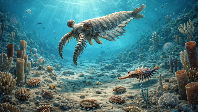 Ein fotorealistisches 16:9-Titelbild, das einen Blick unter die Meeresoberfläche während der kambrischen Explosion wirft. Die Szene zeigt einen lebendigen, urzeitlichen Meeresboden voller fremdartiger Lebensformen. Im Zentrum schwebt ein majestätischer Anomalocaris mit seinen segmentierten Greifarmen und großen, facettierten Augen, dessen Körperoberfläche das sanfte Licht, das von oben durch das klare, türkisfarbene Wasser bricht, leicht reflektiert. Um ihn herum wimmelt es von kleinen Trilobiten, die über den sandigen Boden krabbeln, und bizarren, röhrenförmigen Schwämmen sowie farbenprächtigen Opabinia-ähnlichen Kreaturen. Der Hintergrund zeigt eine sanft abfallende Unterwasserlandschaft mit seltsamen, pflanzenartigen Tieren, die sich in der Strömung wiegen. Die Farben sind satt, aber natürlich, die Details der Panzerungen und Gliedmaßen sind gestochen scharf, und es herrscht eine Atmosphäre von Aufbruch und ungebändigter biologischer Kreativität.