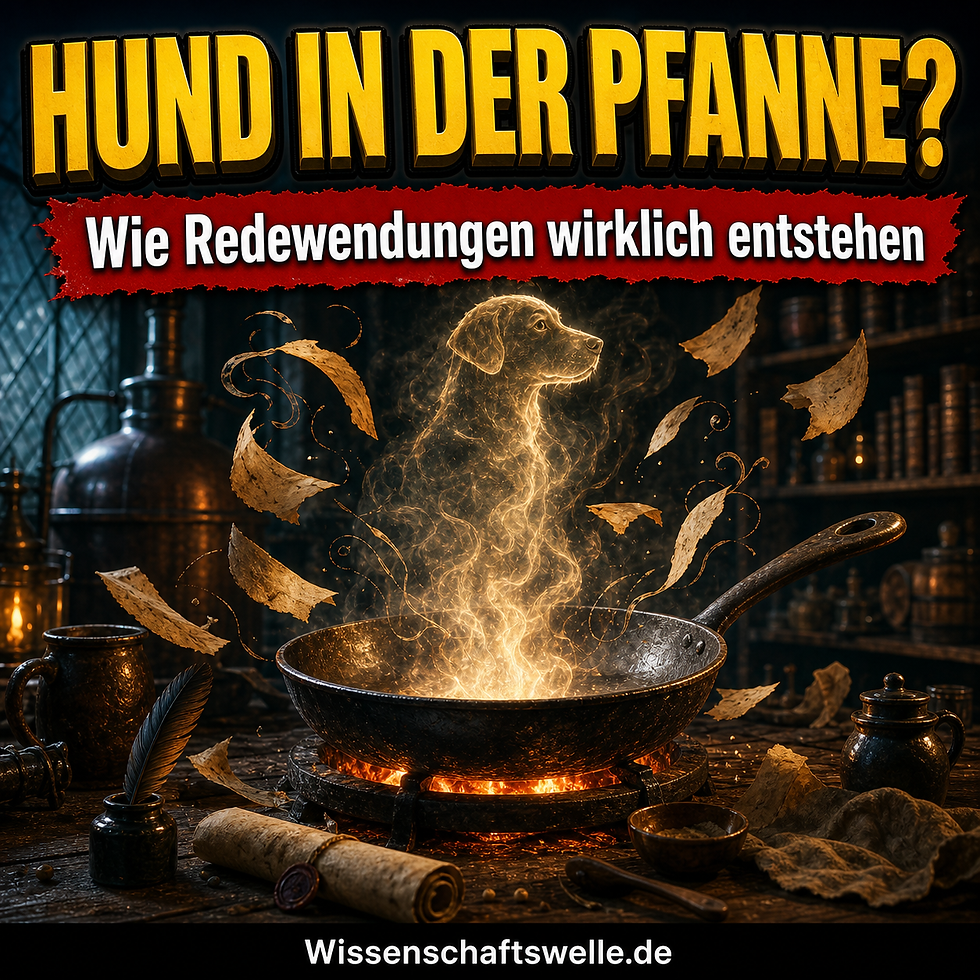 Quadratisches Cover mit gelber Überschrift „Hund in der Pfanne?“ über einem dramatisch beleuchteten historischen Schankraum, in dessen Zentrum eine eiserne Pfanne und aufwirbelnde Spruchbänder stehen, dazu ein roter Banner mit dem Text „Wie Redewendungen wirklich entstehen“.