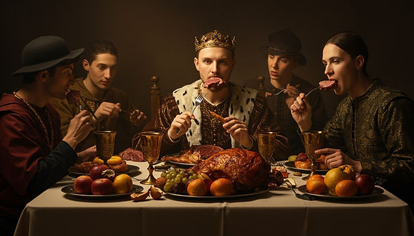 Ein historisches Gemälde, das ein prächtiges mittelalterliches oder frühneuzeitliches europäisches Bankett zeigt, bei dem Adelige Speisen elegant mit bloßen Händen genießen.