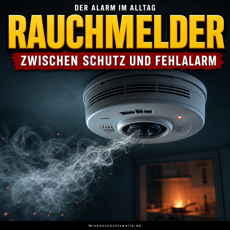 Ein groß dargestellter Rauchmelder an einer dunklen Decke, in den eine Rauchfahne aus einer beleuchteten Küche zieht; darüber die Titelzeile zum Thema Rauchmelder zwischen Schutz und Fehlalarm.
