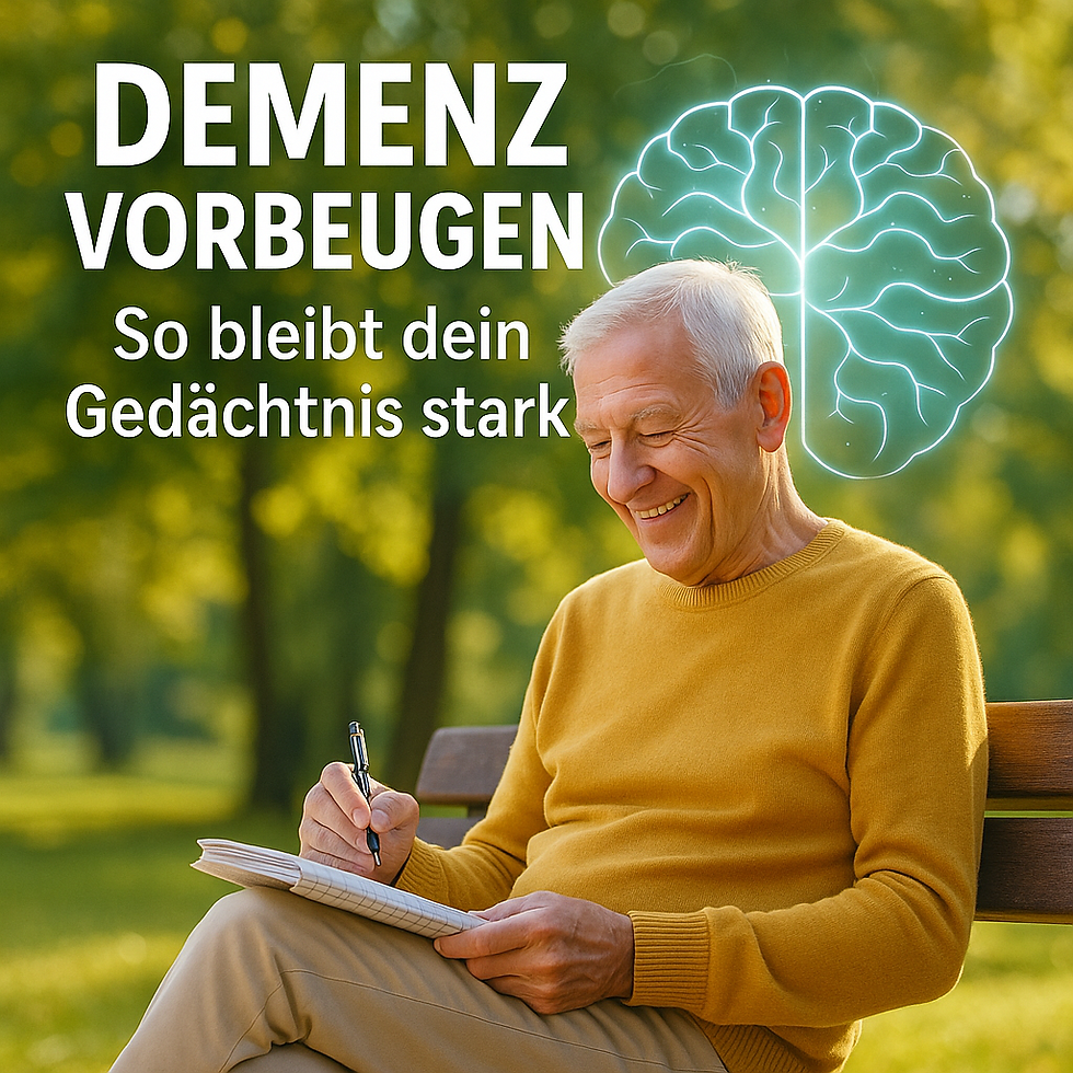 Ein älterer, lächelnder Mann mit weißen Haaren und einem gelben Pullover sitzt auf einer Parkbank in einer sonnigen, grünen Umgebung und schreibt in ein Notizbuch. Neben seinem Kopf schwebt eine leuchtende, stilisierte und blau-türkise Grafik eines aktiven Gehirns. Der große weiße Text im oberen Bildbereich lautet "DEMENZ VORBEUGEN" und darunter "So bleibt dein Gedächtnis stark".