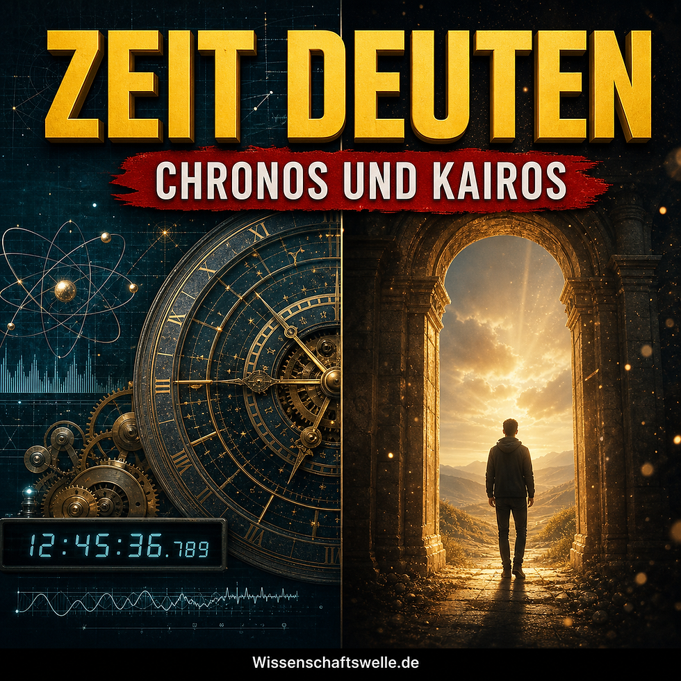 Eine geteilte Szene aus präziser Uhrmechanik und einem leuchtenden Moment der Entscheidung als Symbol für Chronos und Kairos.