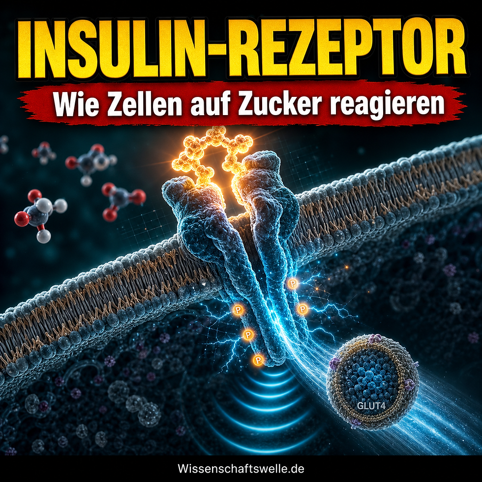 Illustration eines leuchtenden Insulinrezeptors in einer Zellmembran, an den ein Insulinmolekül bindet, während im Zellinneren ein GLUT4-Vesikel aktiviert wird.