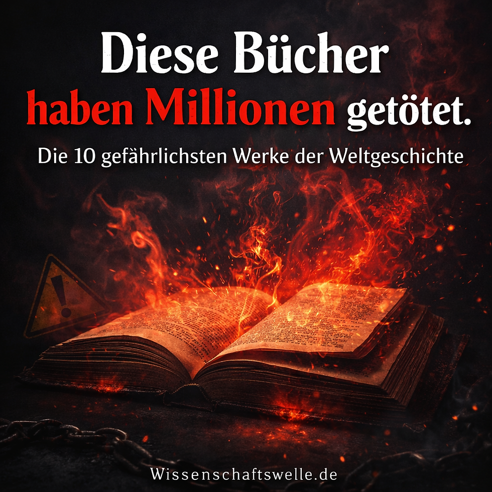 Dunkles Titelbild mit einem alten, aufgeschlagenen Buch im Vordergrund. Aus den Seiten steigen rotes Licht und Rauch auf, als würde das Buch glimmen. Darüber steht der Text „Diese Bücher haben Millionen getötet – Die 10 gefährlichsten Werke der Weltgeschichte“, unten „Wissenschaftswelle.de“.