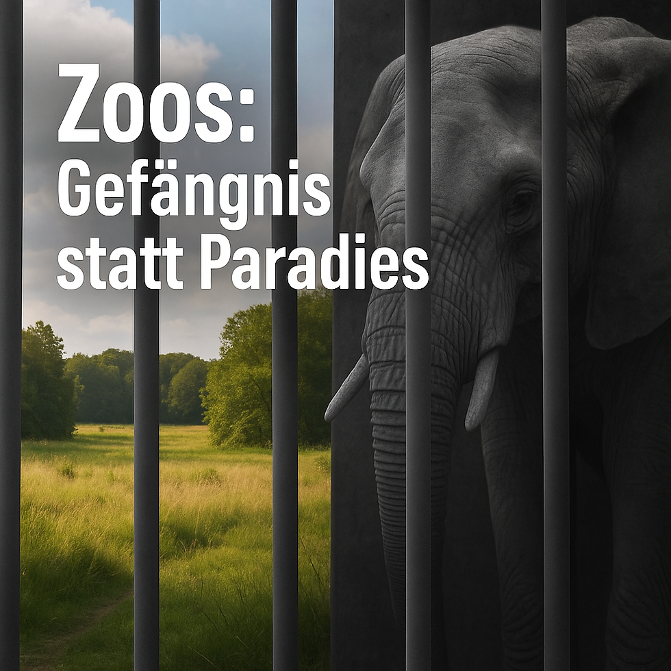 Das Titelbild zeigt den Kopf eines Elefanten hinter massiven Gitterstäben. Links eröffnet sich eine grüne, weite Landschaft – Symbol für Freiheit –, rechts dominiert das Dunkel der Gefangenschaft. Der kontrastierende Schriftzug „Zoos: Gefängnis statt Paradies“ verstärkt die Botschaft des Bildes.