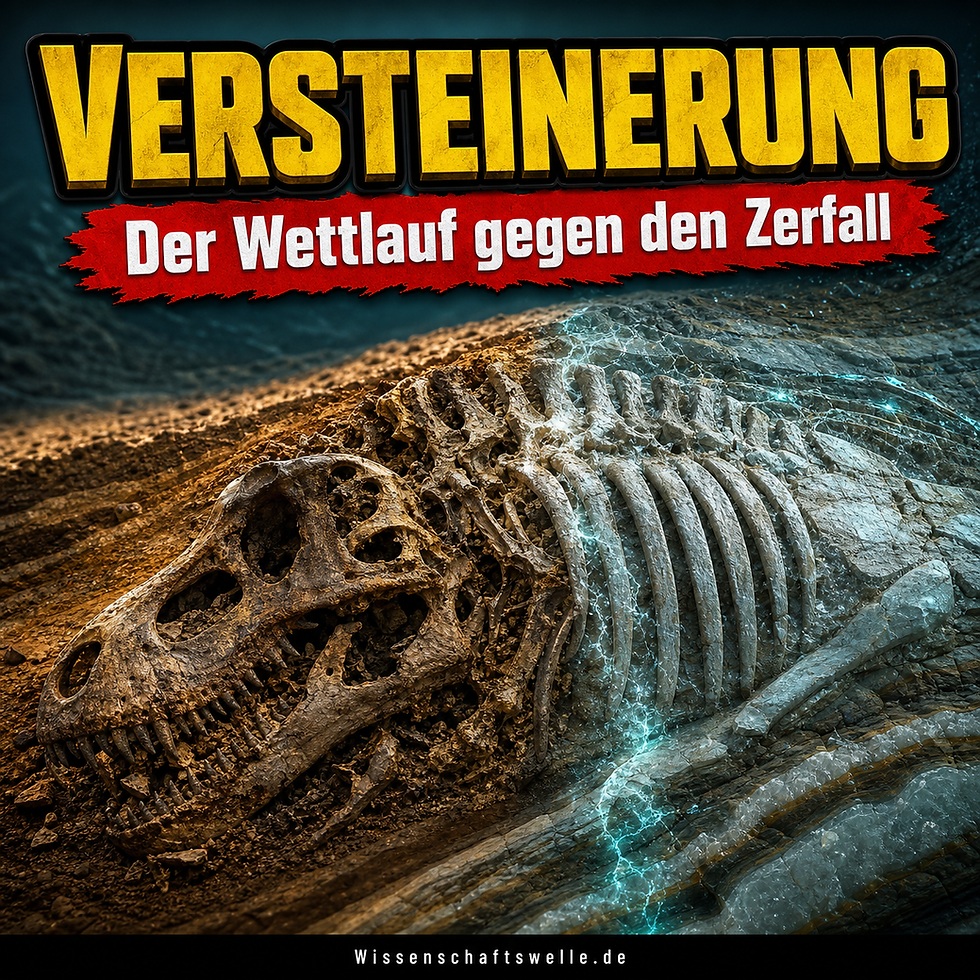 Ein teilweise freigelegtes Dinosaurierskelett im Sediment, das sichtbar in mineralisches Fossilgestein übergeht; darüber steht Versteinerung und Der Wettlauf gegen den Zerfall.