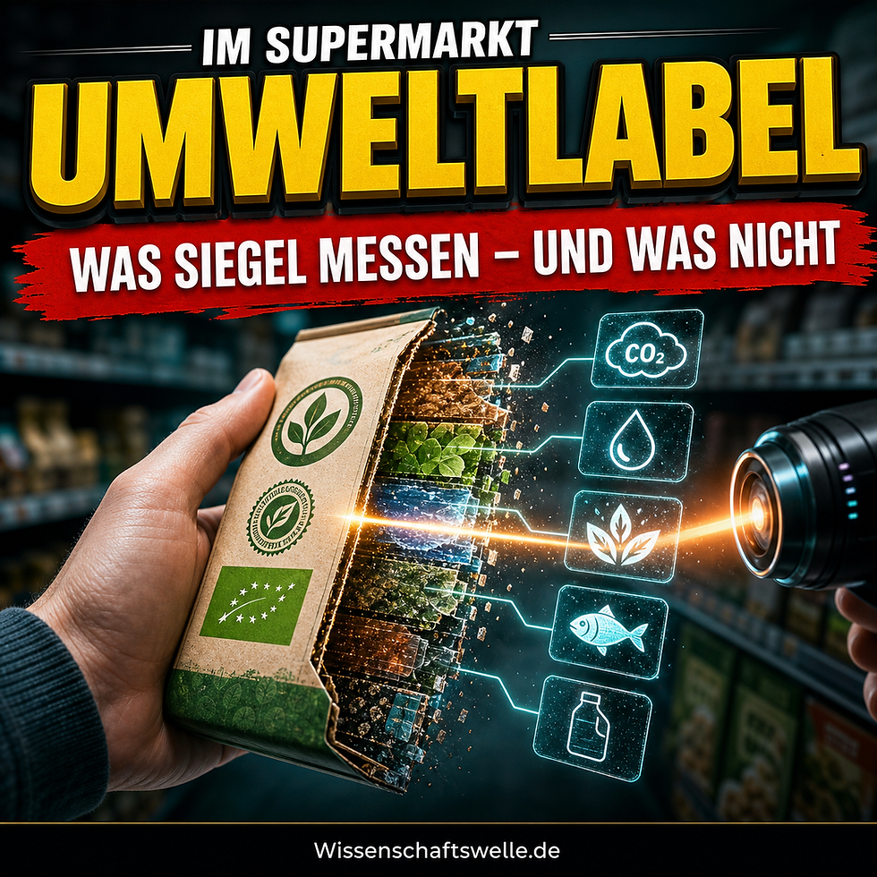 Eine Hand hält im Supermarkt eine Packung mit grünen Siegeln, die von einem Scanstrahl in einzelne Umweltkriterien wie CO2, Wasser, Biodiversität, Fischerei und Verpackung zerlegt wird.