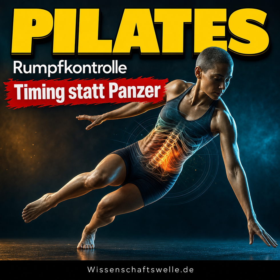 Eine dynamisch seitlich kippende Person fängt sich in einer Pilates-Bewegung; im halbtransparent leuchtenden Rumpf sind Wirbelsäule und tiefe Stabilisationslinien sichtbar. Darüber stehen die Texte 'PILATES', 'Rumpfkontrolle' und 'Timing statt Panzer'.